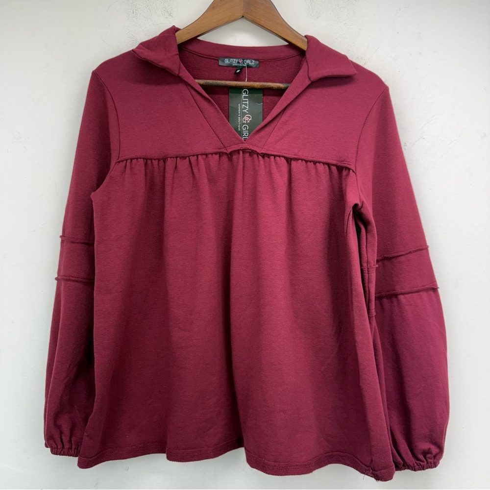 Glitzy Girlz size Small Women’s Burgundy Long Sleeve V-neck Babydoll Top NWT